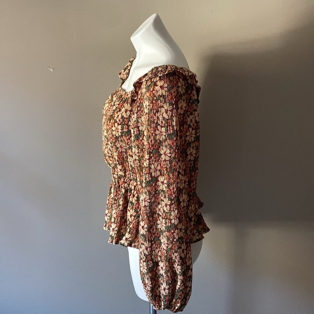 Hayden Los Angeles Brown & Yellow Floral Crepe Peasant Peplum Blouse Size Medium - Picture 3 of 7